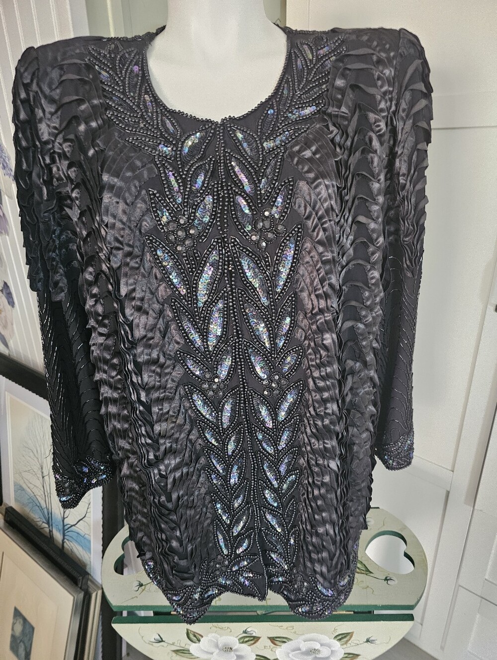 Vintage MAXI USA Black Beaded Sequin Silk Blouse Top Plus Size 2X 1980s Party Ev